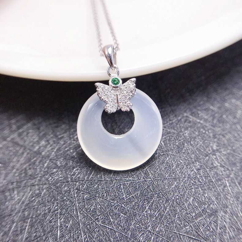 冰透白玉髓平安环吊坠女玉环面包圈平安扣纯银圆环挂件直播货源