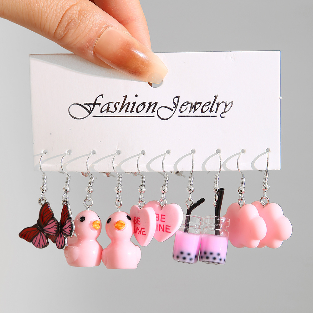 Creative Butterfly Cloud Little Duck Earrings Pendant Drip Glazed Mushroom Earrings Purple Plaid Peach Heart Earrings 5-Piece Set