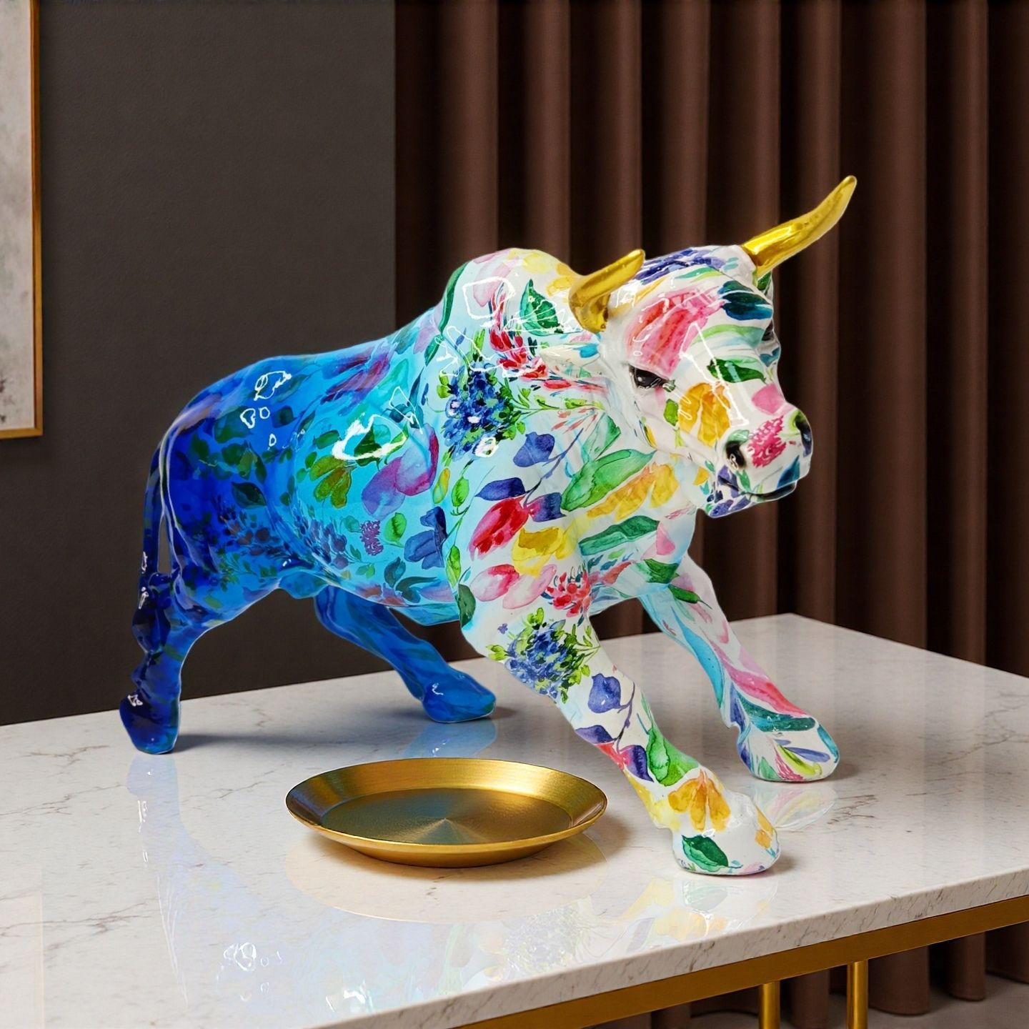 跨境新款创意转印华尔街牛摆件家居客厅玄关桌面装饰树脂工艺礼品