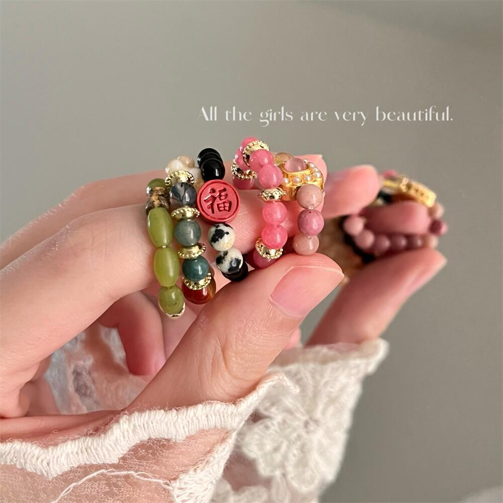 Homemade Niche Natural Stone Beaded Shell Ring New Chinese Style Cold Style High-Grade Elastic Ring Twin Ins