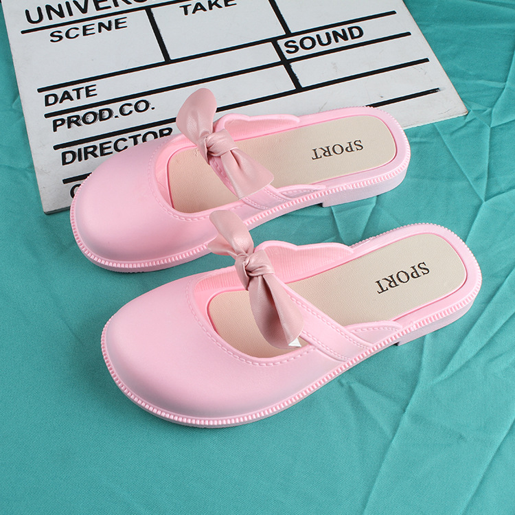 Heli Shark Children's Summer New Closed-Toe Slippers Little Girl Fashion Outerwear Solid Color Bow Half Slippers Flat Sandals