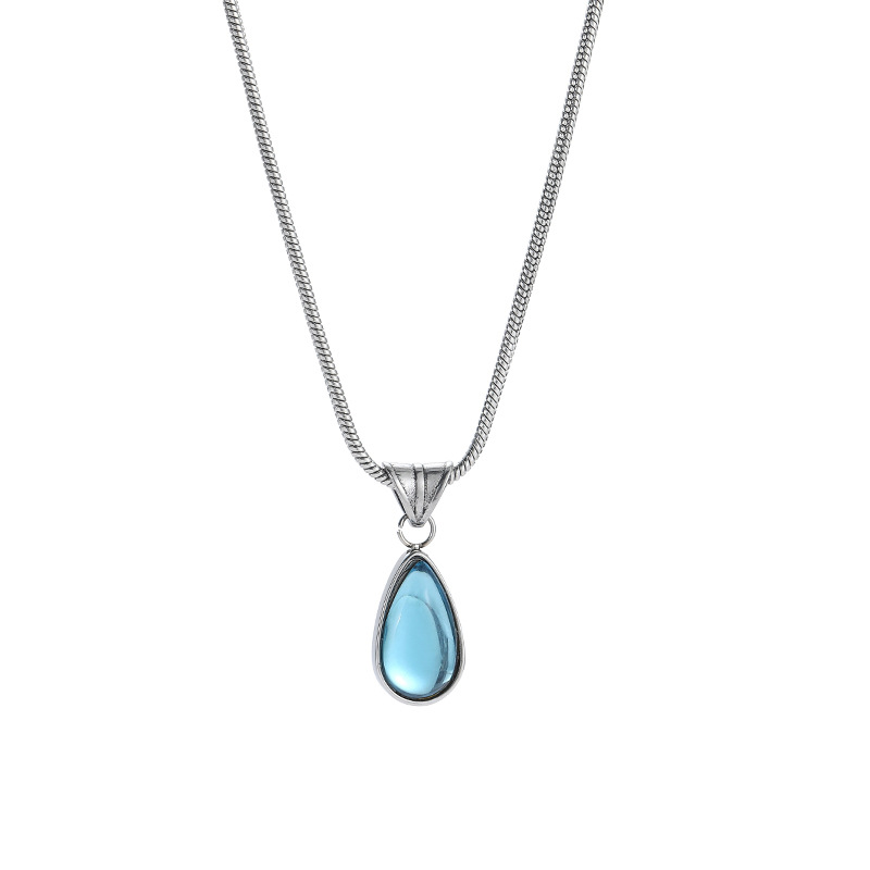 法式复古剔透绿水滴吊坠项链女蓝色海洋项链锁骨链不掉色情人首饰