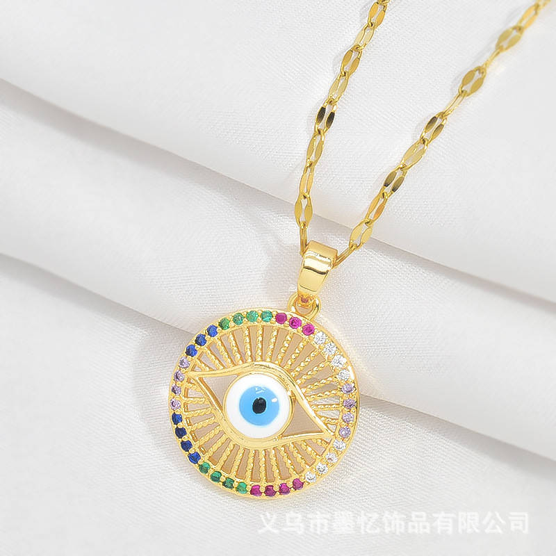 跨境恶魔之眼项链女个性彩钻蓝眼睛吊坠钛钢锁骨链欧美土耳其颈链