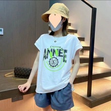 棉圆领短袖恤衫女2024夏季新款韩版时尚印花洋气抽绳显瘦上衣
