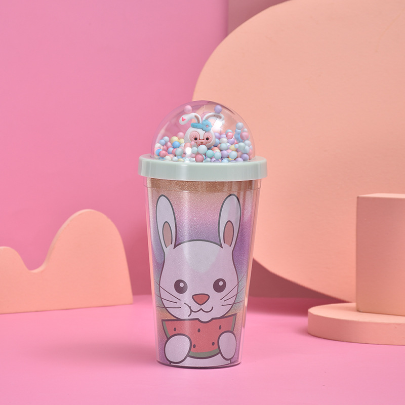 Cartoon Cute Rabbit Plastic Cup Student Girl Heart Children's Straw Cup with Colorful Beads Cover Micro Landscape Summer Ice Glass