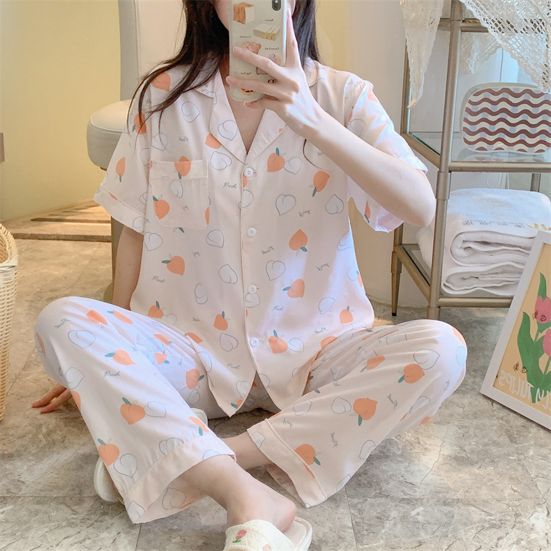 棉绸睡衣女夏季新款短袖长裤卡通印花套装少女可爱学生夏天家居服