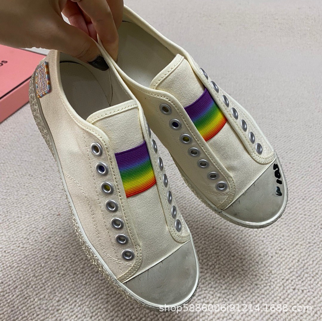 尾货2024春季新款彩虹帆布鞋笑脸厚底平跟单鞋免系带脏脏鞋-阿里巴巴
