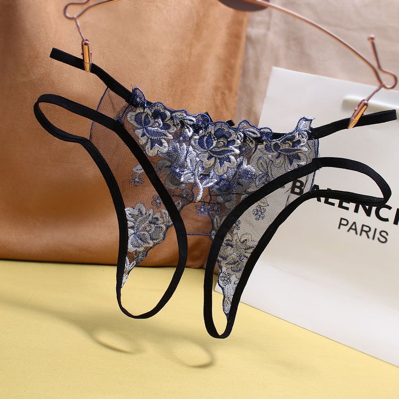 性感丁字裤可插开档免脱网纱镂空诱惑内裤女低腰美臀精美刺绣女裤
