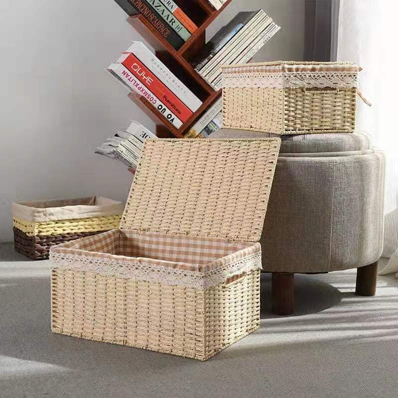 手工草编收纳筐有盖整理箱客厅卧室书房玩具储物箱纸绳编织收纳筐