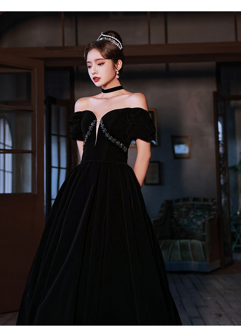 一字肩晚礼服女2022新款赫本风黑色气质年会长裙艺考主持人晚礼服