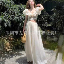 夏季新款设计感法式小众超仙沙滩白色长裙露腰海边度假风连衣裙女