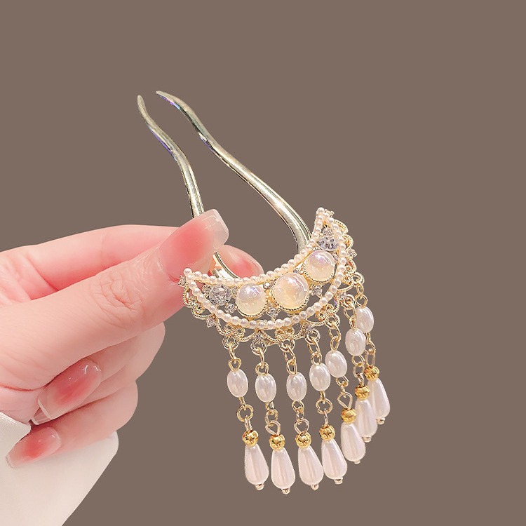 Super Fairy National Fashion Beads Tassel U-Shaped Hairpin High-Grade Fan-Shaped Hairpin Women's Ancient Style Hanfu Back Pressure Headdress