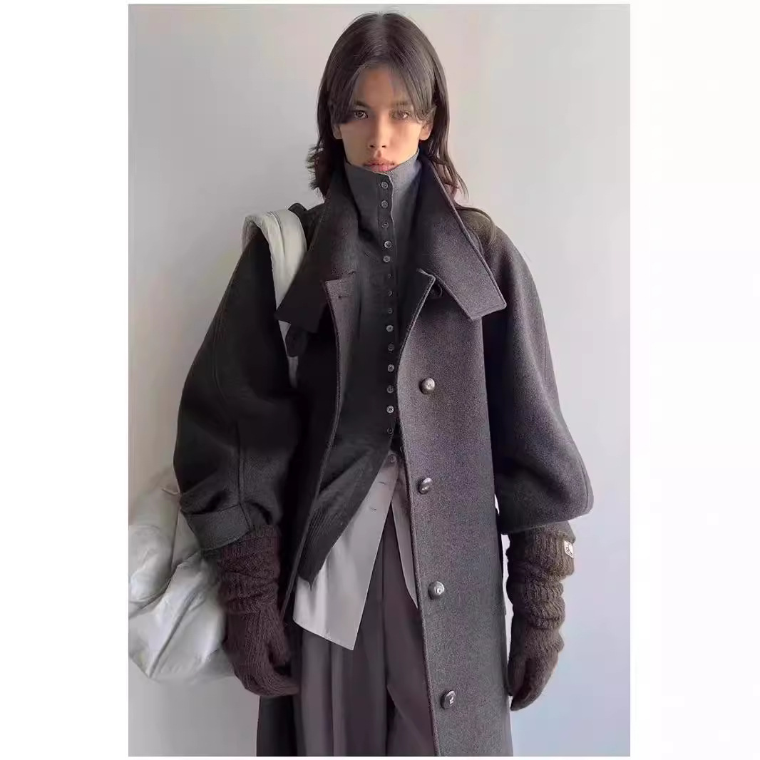 预售 大翻领军官风羊毛大衣韩国东大门新款高端气质双面毛呢外套