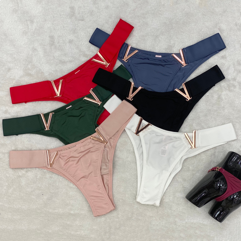 新款内裤女低腰纯色v字母环扣丁字裤三角裤侧加宽松紧带欧美底裤