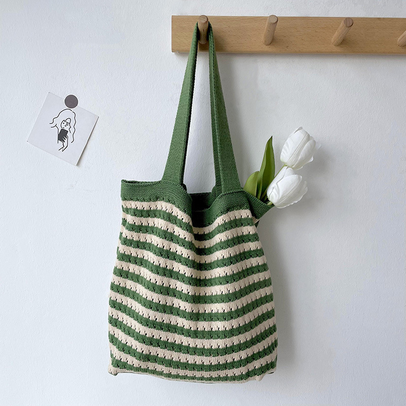 Korean Dongdaemun Special-Interest Design Knitted Striped Shoulder Bag Casual All-Match Handbag Woven Bag Tote Bag for Women