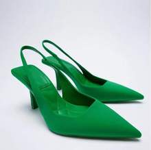 ZA2022春季新款尖头细跟中跟单鞋后空包头凉鞋高跟鞋绿色大码女鞋