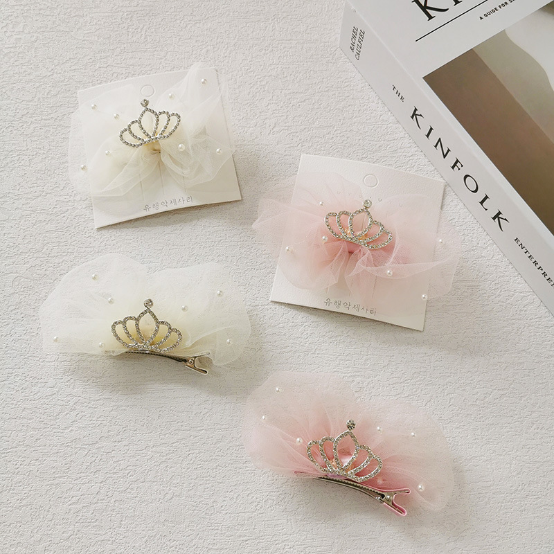 好卖款儿童立体皇冠头饰网纱蝴蝶结发夹公主超仙王冠顶夹婴儿发带