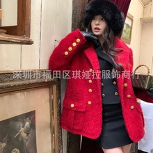 深圳南油原单外贸女装小香风古堡红复古双排金扣气质优雅毛呢外套