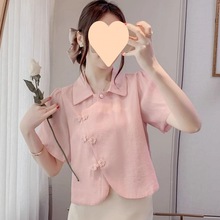 新中式复古盘扣短袖雪纺衬衫夏季小个子国风设计感泡泡袖短款上衣