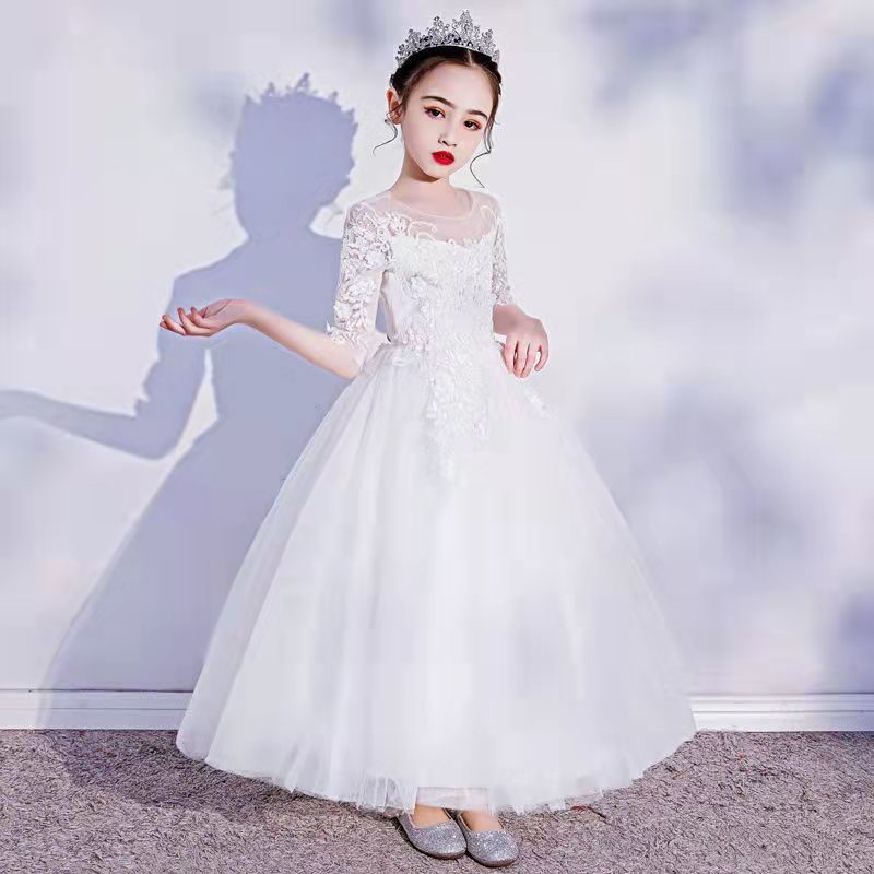 儿童婚纱裙主持人礼服花童生日礼服小女孩钢琴演奏女童公主裙