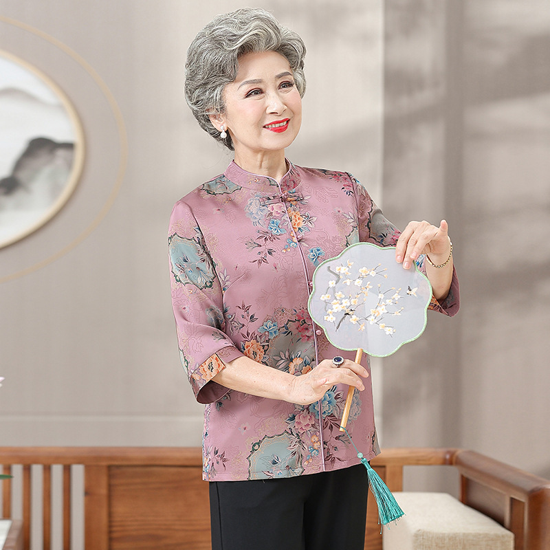Middle-Aged and Elderly Women's Clothing Mom Top 50-Year-Old 70 Old Lady Shirt Old Lady Grandma Summer Clothing Short Sleeve Shirt