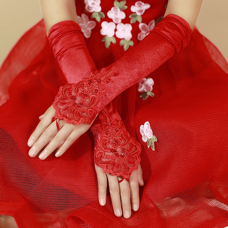 婚纱手套新娘手套露指新款长手套蕾丝纱蝴蝶结手套春夏结婚手套女
