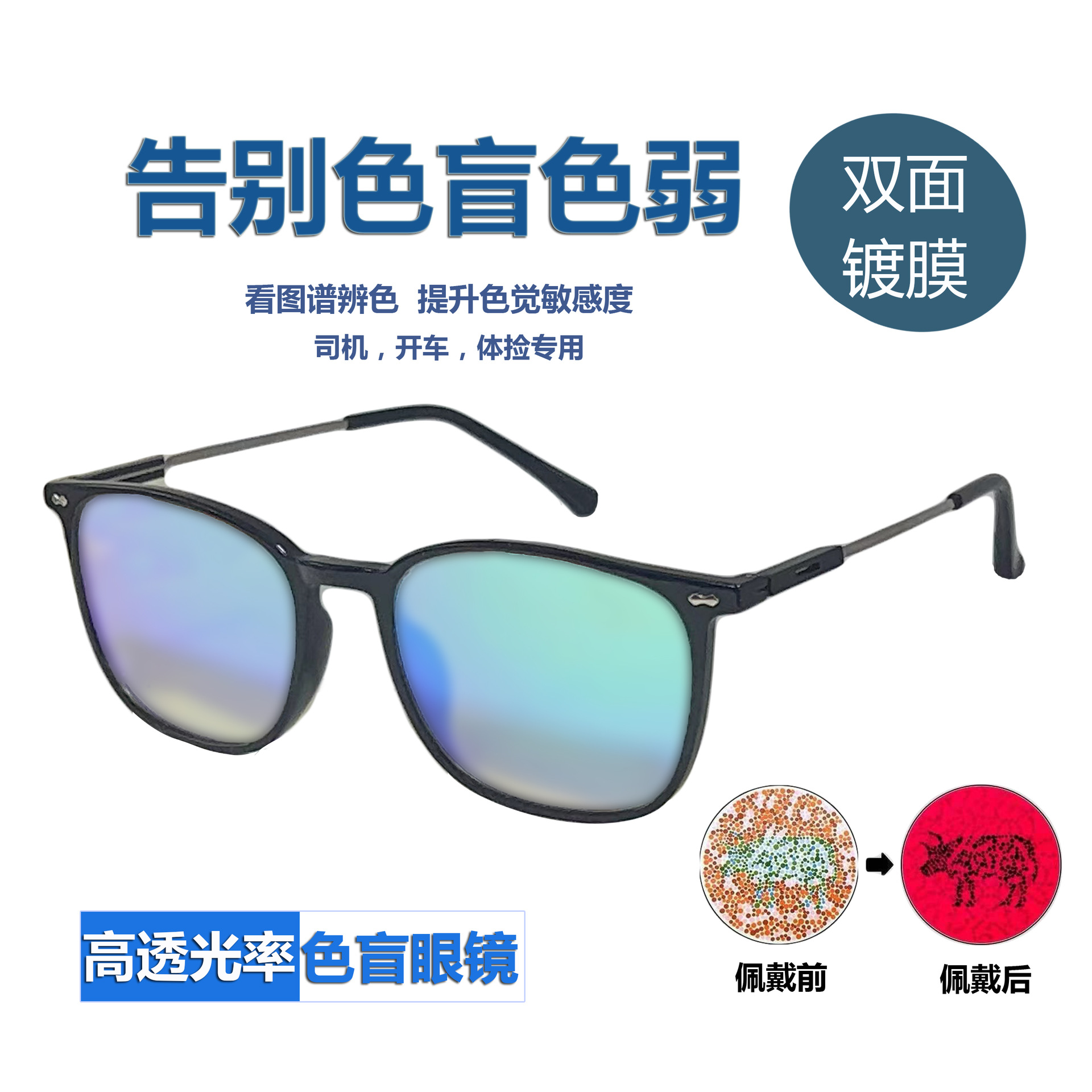 新款红绿色盲色弱眼镜男女款双面镀膜纠正体检专用厂家现货批发
