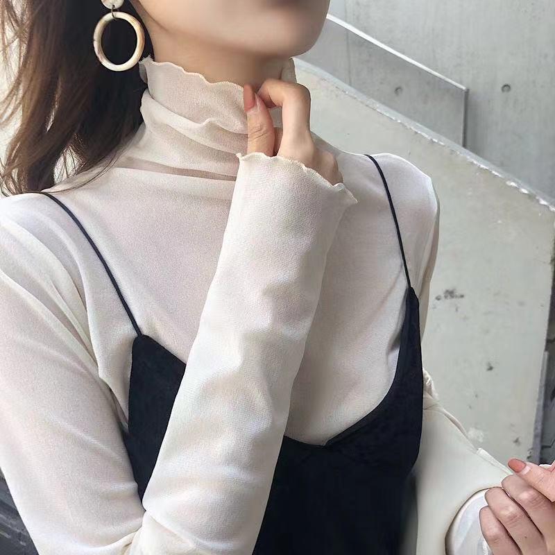 2023 Korean Chic Early Spring New Half Turtleneck Wooden Ear Mesh Base T-shirt Repair See-through Women's Clothes