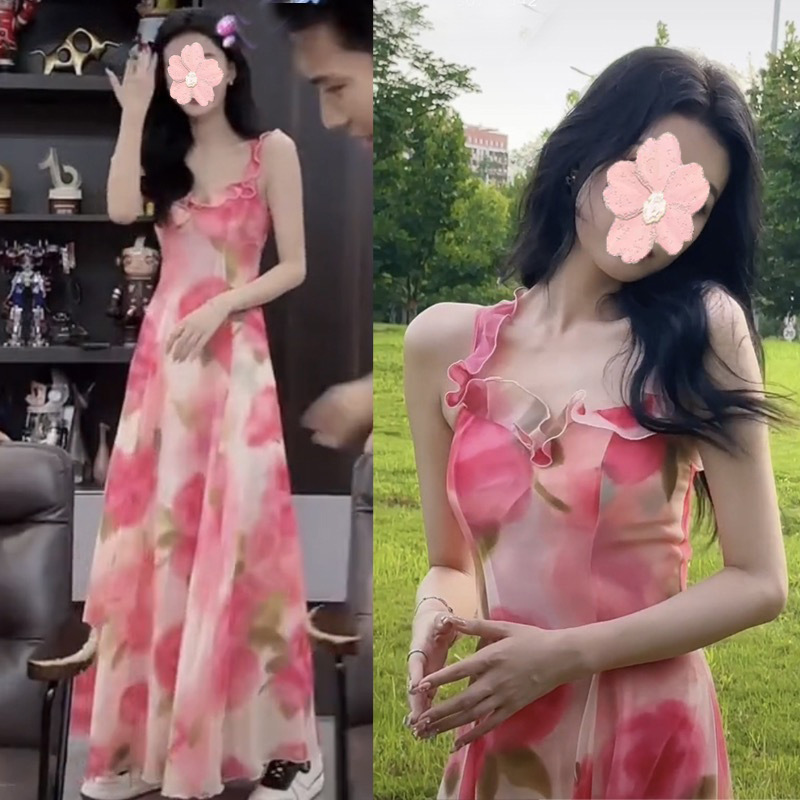 抖音明星孙怡同款印花连衣裙女法式度假风气质收腰显瘦吊带长裙子