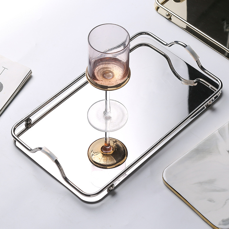 INS Stainless Steel Metal Mirror Tray Rectangular Creative Desktop Water Tea Cup Decoration Storage Organizer Plate