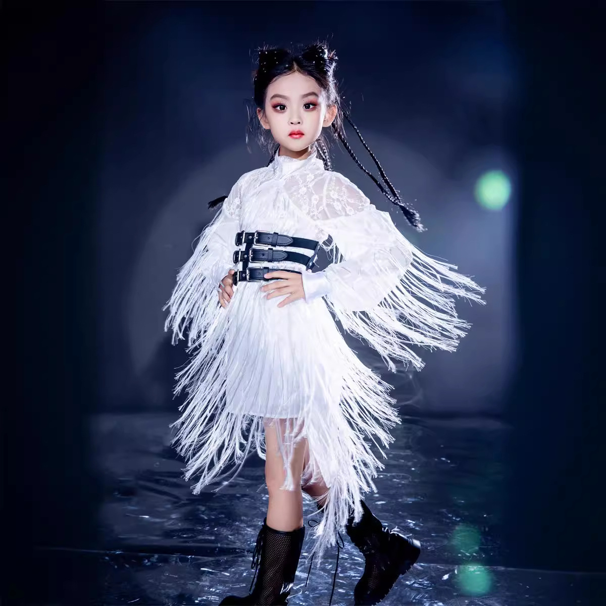 女童新款白色流苏挂脖衬衫上衣套装9潮服走秀7小众儿童6追风少年8