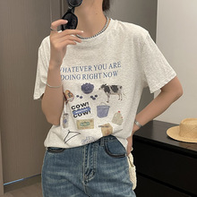 莉之绮韩版时尚短袖T恤夏装新款宽松显瘦字母卡通印花上衣240403