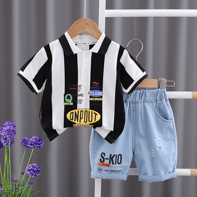 2024 Summer New Boys' Vertical Stripe round Neck Short Sleeve Suit Boys' Casual Polo Denim Shorts Two-Piece Set