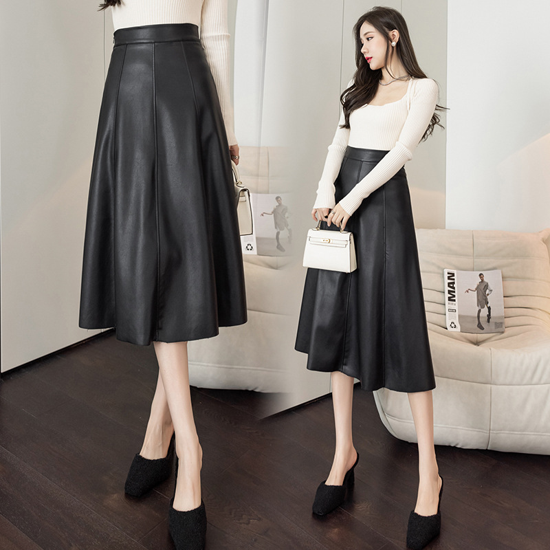 Black Leather Skirt Skirt Mid-Length A- line Skirt Autumn 2023 New Women's Hip Skirt High Waist Umbrella Skirt Skirt