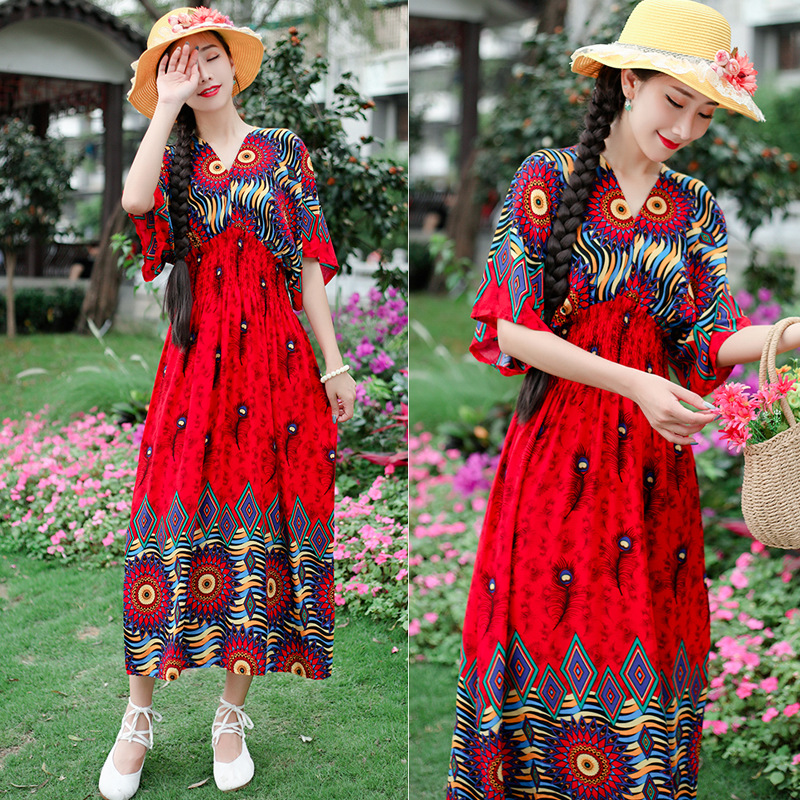 Ethnic Style V-neck Cotton Silk Short Sleeve French Thai Style Floral Dress Women's Summer Printed Pastoral Style Dress for Vacation