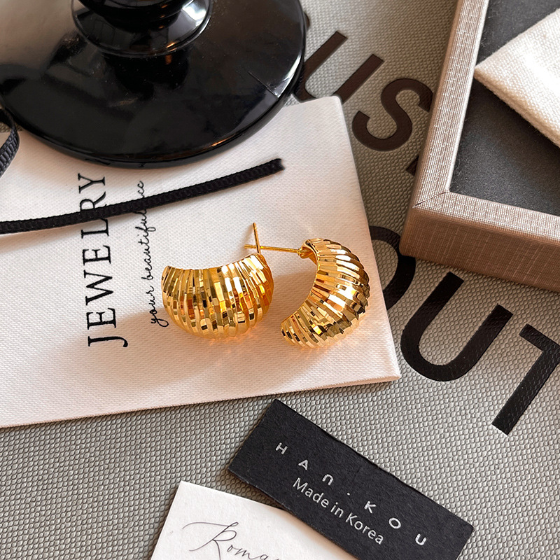 s925 sterling silver needle europe and america cross border hot-selling earrings earrings 18k real gold plated classic style c- shaped textured earrings for women