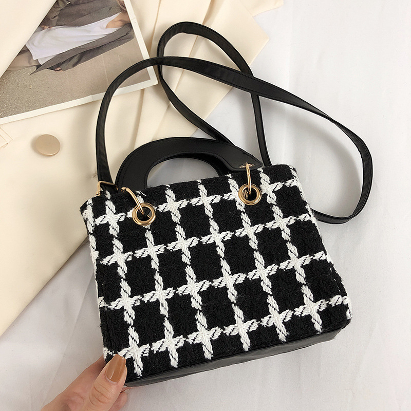 Cross-Border Bag Women's Bag Autumn and Winter New Woolen Black and White Plaid Contrast Color Portable Small Square Bag Popular Shoulder Messenger Bag