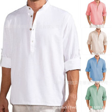 大量现货 外贸亚马逊男亚麻长袖宽松纯色棉麻衬衫大码可挽袖衬衣