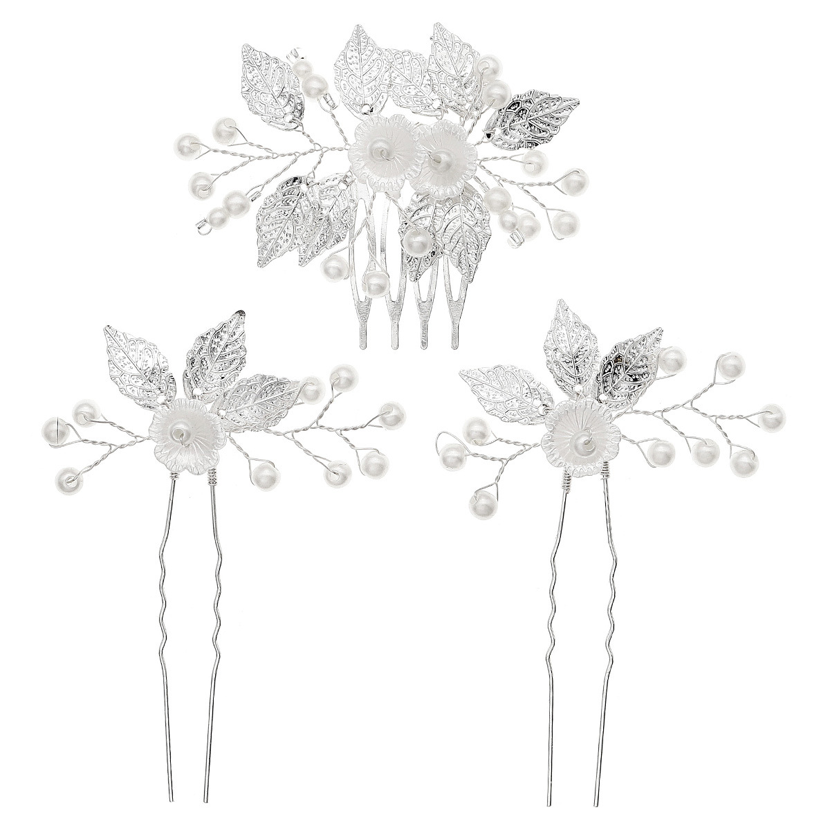 European and American Bride Headdress Handmade Hairpin Hair Comb Suit Antique Photo Updo Hair Accessories Silver Leaves Pin Hair Comb