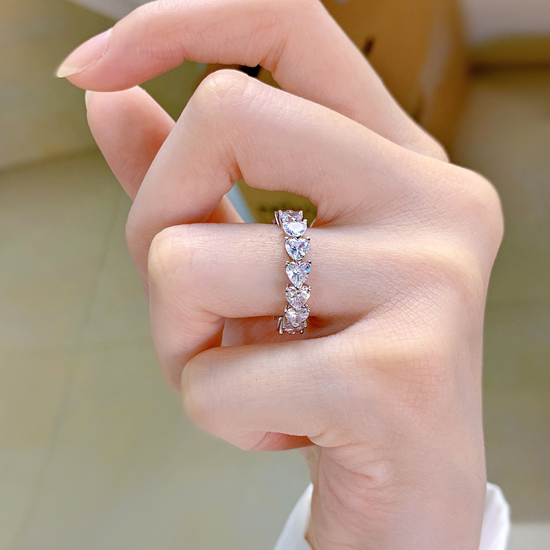 s925银爱心排钻戒指高碳钻叠戴钻戒指女ins风甜美心形戒指环