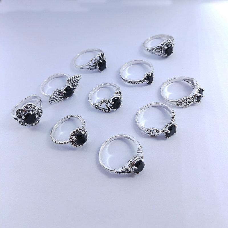 Geometric Women's Black Glass Crystal Plating Antique Silver Retro Foreign Trade Small Jewelry Cross-Border Export Spot