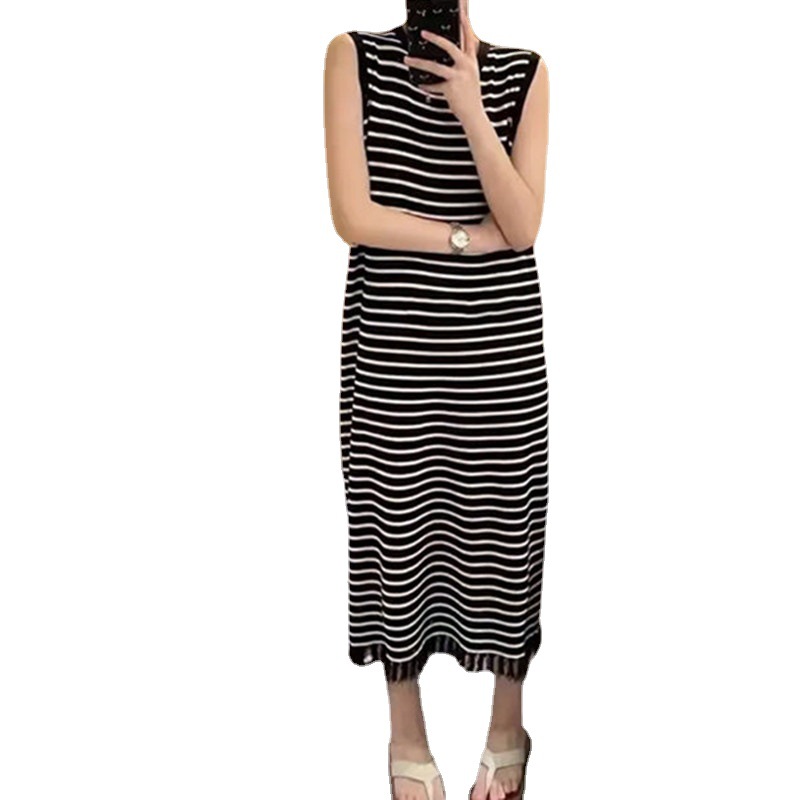 Summer Slimming Short Sleeve Tassel Edge Inner Dress 2023 New L Fashion All-Match Striped Knitted Dress