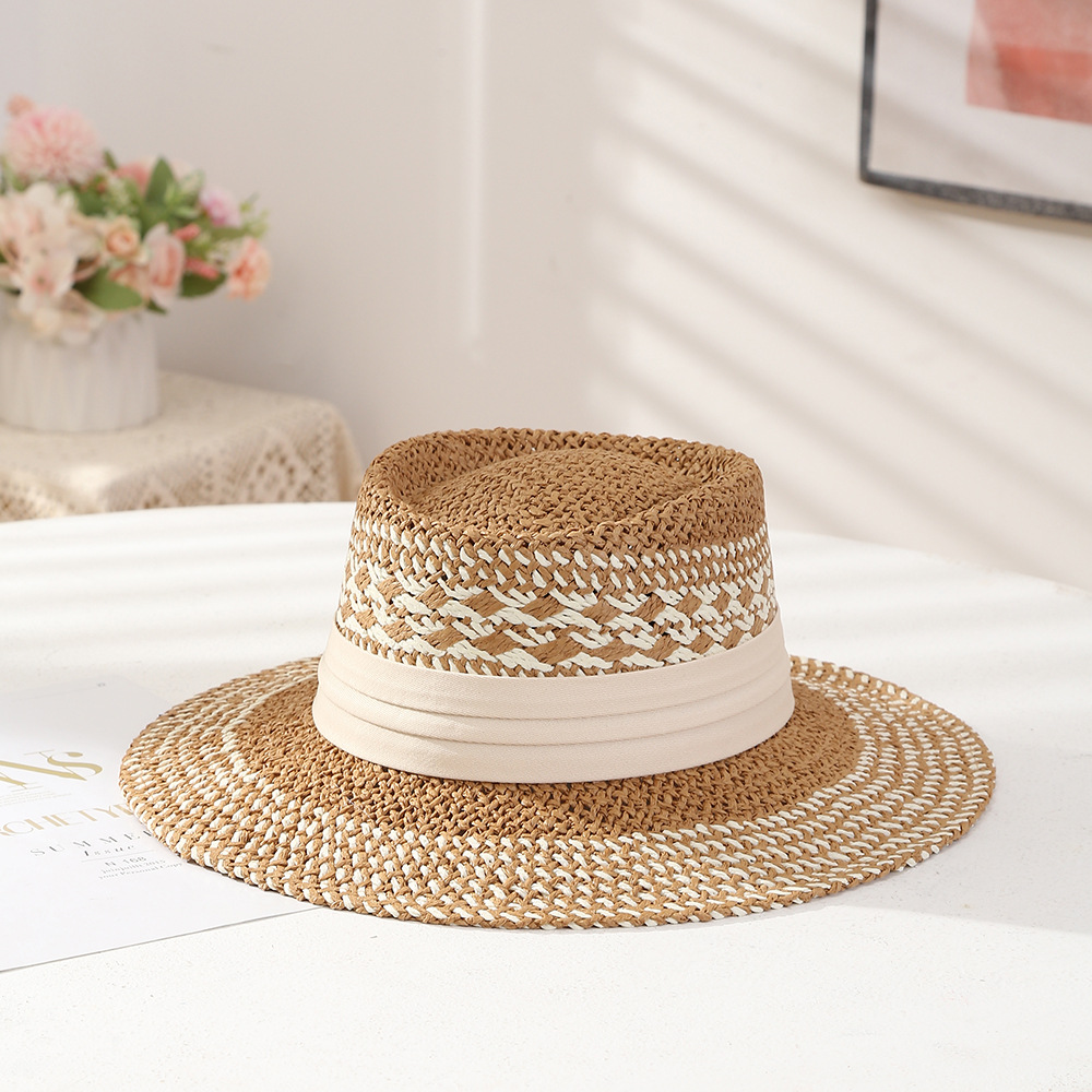 British Style Color Matching Hand-Woven Straw Hat Female Summer Artistic Travel Vacation Hat Wide Brim Flat Top Hat Tide