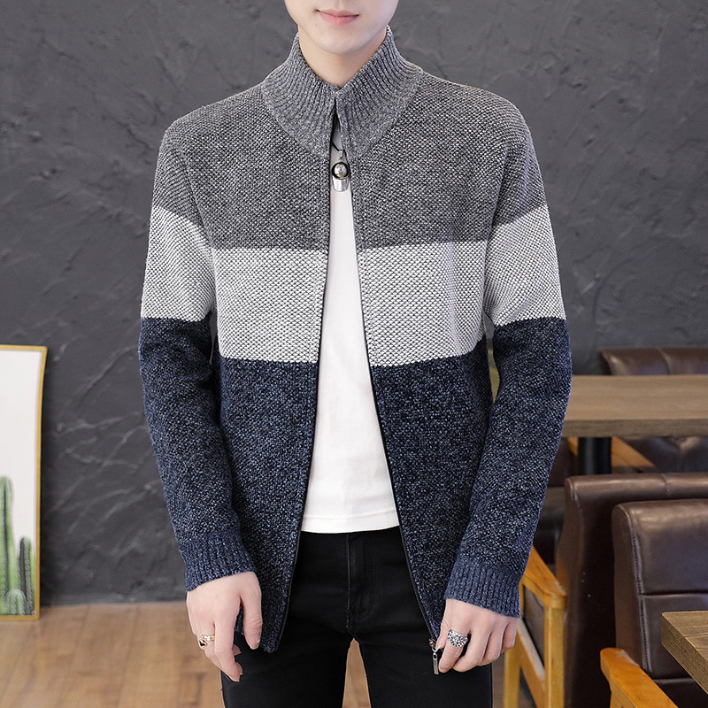 欧美跨境外贸拉链针织衫开衫男外套拼色潮款青年男生粗毛线毛衫冬
