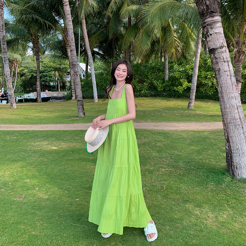 夏季新款大摆连衣裙绿色度假长裙超仙宽松沙滩裙-阿里巴巴