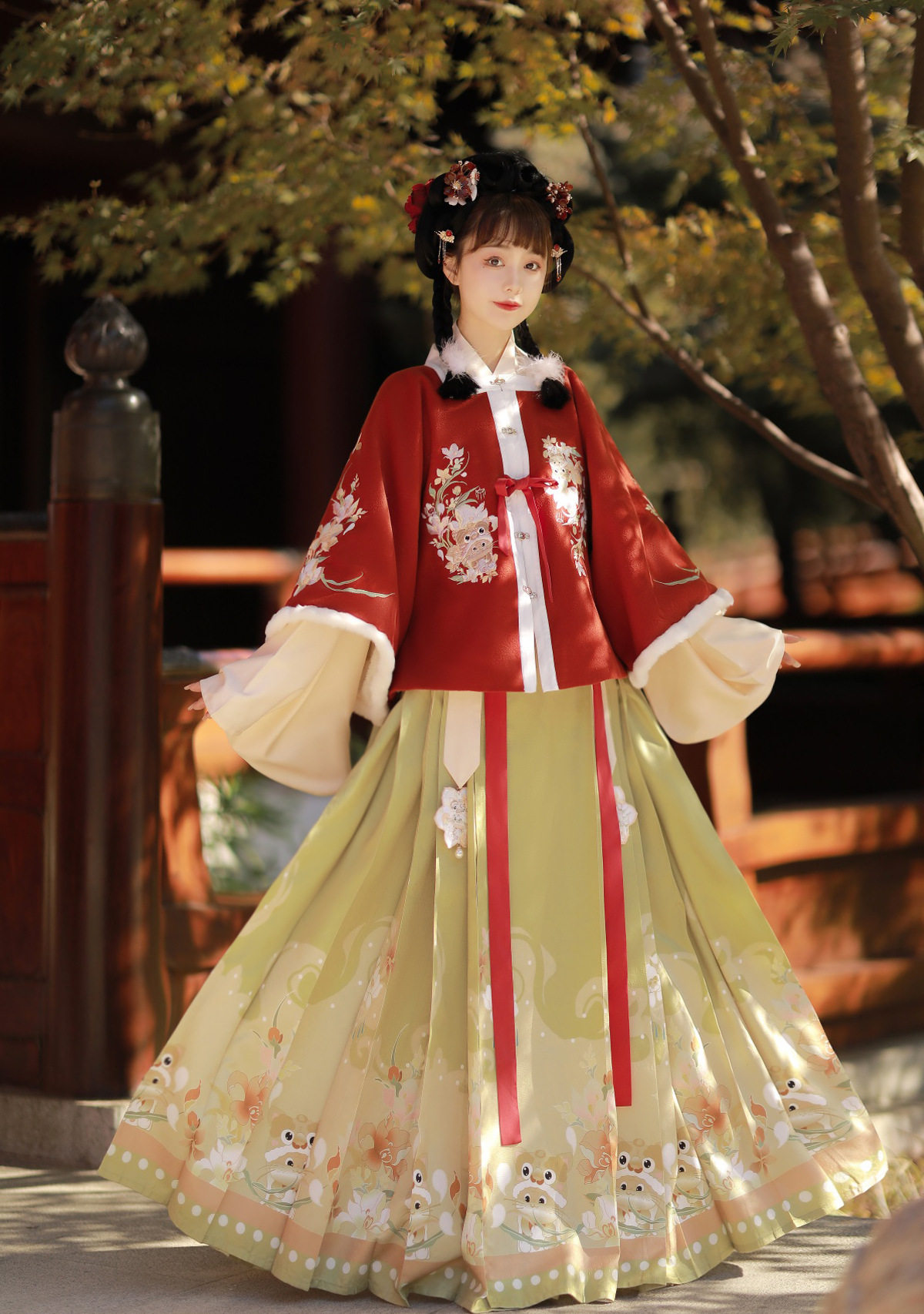 原创设计虎团团汉服女方领棉上衣交领衣马面襦裙三件套8311