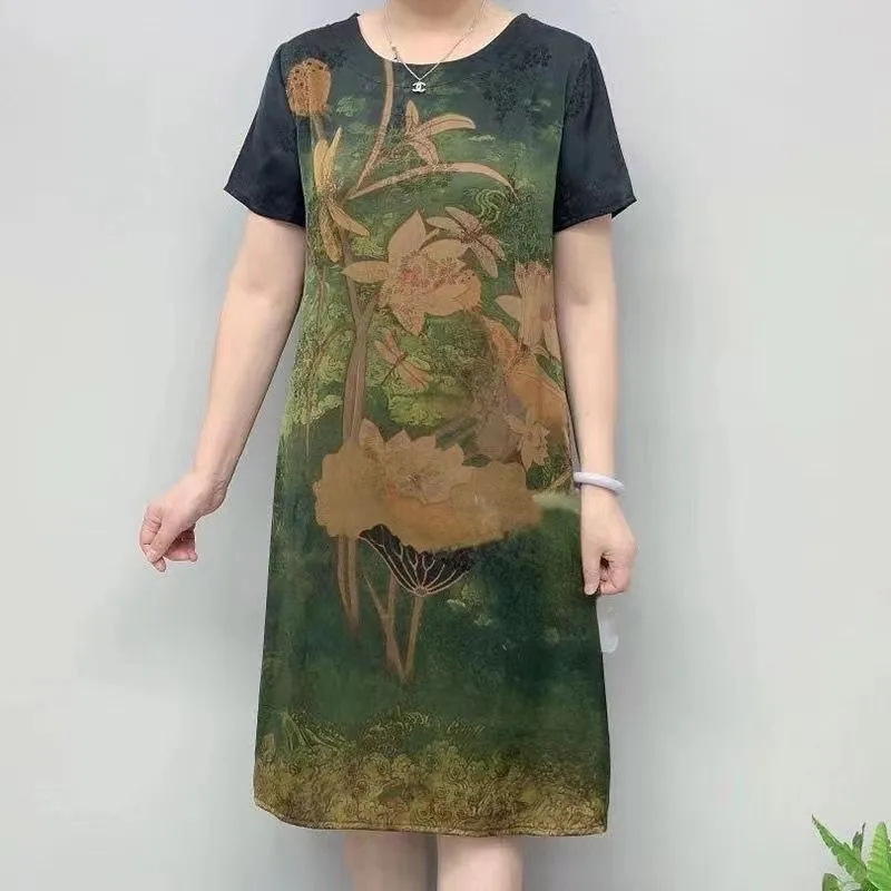 Summer 2022 New round Neck Positioning Printed Short-Sleeved Dress Western Style All-Matching Skirt plus Size Women's Mom Clothing