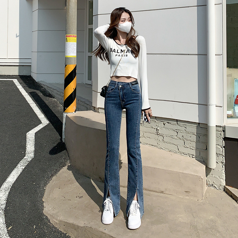 高腰开叉牛仔裤女春秋2022年新款设计感百搭显瘦垂感拖地喇叭裤子