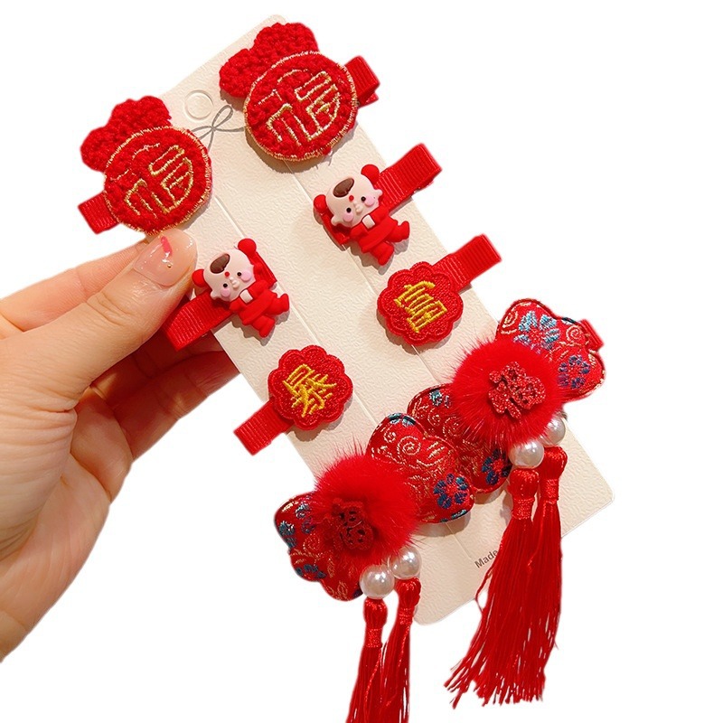 Girls' Hair Accessories New Year Red Fringed Headwear New Year Festive Hanfu Barrettes Bow Fu Character Hairpin