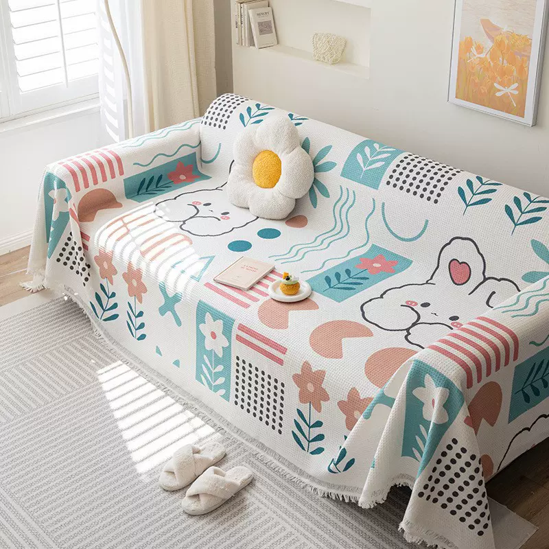 夏季凉感全包沙发套盖巾盖毯北欧ins风卡通涂鸦沙发巾保护套罩